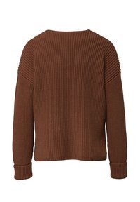 Brauner Strickpullover mit langen Ärmeln, gerippten Bündchen und leicht lockerer Passform, von hinten gezeigt.