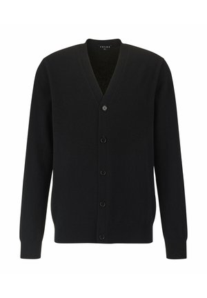 Cardigan nero realizzato in morbido tessuto, caratterizzato da un collo a v, maniche lunghe e sei bottoni frontali per la chiusura. Texture liscia, design classico.