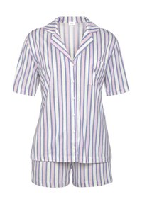 Pajama set s kratkim rukavima u svjetlo ružičastoj i plavoj boji, s košuljom na dugme koja ima džep i odgovarajućim šortsevima. Izrađeno od mekog materijala.