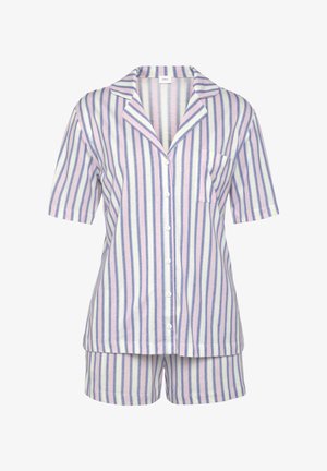 Īsām piedurknēm svītrainā pidžamu komplekts gaiši rozā un zilā krāsā, ar pogājamu krekliņu ar kabatu un atbilstošām šortiem. Izgatavots no mīksta auduma.