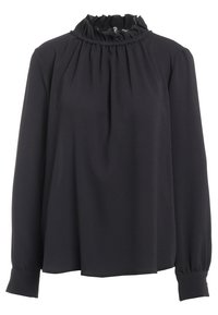 Blusa nera a maniche lunghe con colletto alto arricciato e dettagli frontali morbidi plissettati.