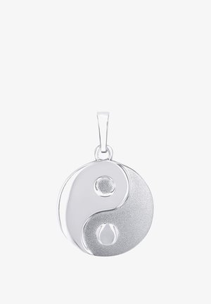 Silberner Yin-Yang-Anhänger mit kontrastierenden, polierten und strukturierten Oberflächen sowie runden Akzenten. Enthält eine elegante Öse zum Aufhängen.