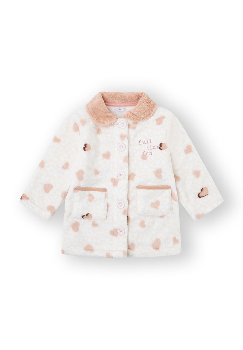 Chaqueta de forro polar con base cremosa y patrones de corazones en marrón claro, cuello suave marrón y bolsillos frontales con cierre de botón.