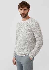 Hellfarbener strukturierter Strickpullover mit Rundhalsausschnitt, mit einem gesprenkelten Muster in Blau und Grau, kombiniert mit grauen, gestreiften Hosen.