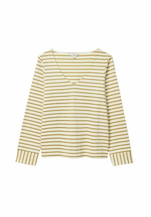 Striped long-sleeve top featuring a V-neckline, with alternating white and gold glitter stripes, and ribbed cuffs with gold accents.