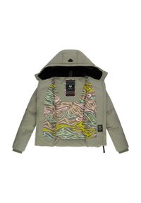 Gevoerde jas in gedempt olijfgroen met een gemarmerde binnenkant met abstracte lijnen in pastelkleuren. Met capuchon en zwarte voering, met zichtbare labels.