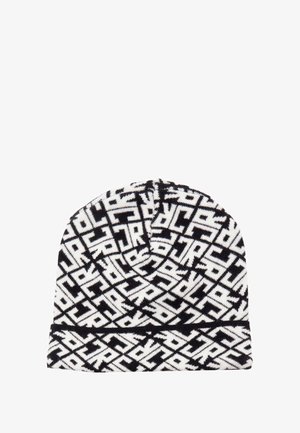 Berretto in maglia bianco e nero con un motivo geometrico. Texture morbida con un design a risvolto. Parte superiore rotonda senza hardware visibile.