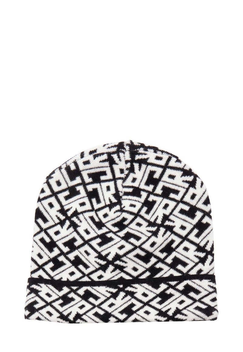 Berretto in maglia bianco e nero con un motivo geometrico. Texture morbida con un design a risvolto. Parte superiore rotonda senza hardware visibile.