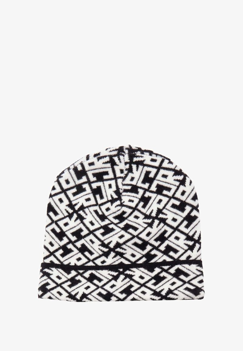 Berretto in maglia bianco e nero con un motivo geometrico. Texture morbida con un design a risvolto. Parte superiore rotonda senza hardware visibile.