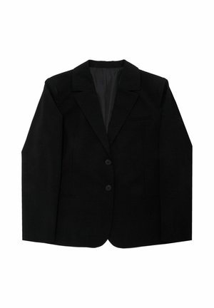 Blazer noir avec un col cranté, deux boutons et deux poches avant. Fabriqué en matériau lisse avec une coupe ajustée.