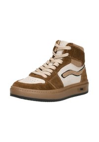 Hoge sneakers met een combinatie van bruin suede en crème textiel, vetersluiting, geperforeerde neus en een rubberen zool.