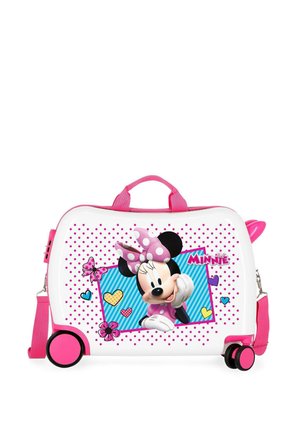 Maleta infantil blanca y rosa con ruedas, con Minnie Mouse con un lazo de lunares, corazones, mariposas y un asa para transportar.