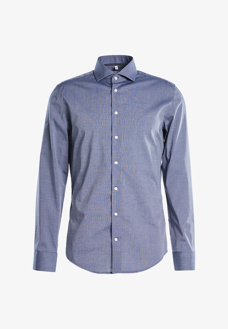 Chemise pour homme, tissu bleu marine uni, manches longues, col classique, boutons blancs, motif texturé, coupe standard.