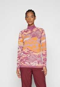 Long-sleeve pullover in purple with orange and pink mountain landscape design, half-zip collar, and ribbed accents.