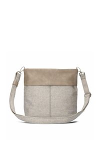 Borsa a spalla di tessuto grigio con una banda superiore in pelle grigia chiara. Dotata di una tracolla regolabile e di una texture liscia. Design minimalista senza motivi.