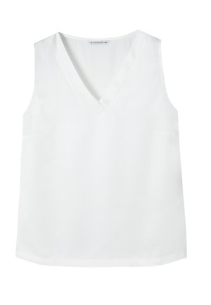 Top senza maniche bianco realizzato in tessuto liscio. Presenta un collo a V e bordi dritti. Design minimalista senza motivi o accenti visibili.
