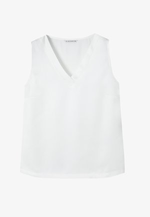 Top blanco sin mangas elaborado en una tela suave. Presenta un escote en V y bordes rectos. Diseño minimalista sin patrones o acentos visibles.