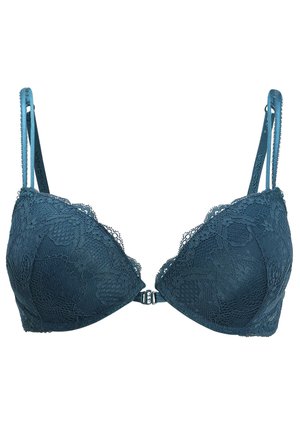 Soutien-gorge en dentelle teal avec un décolleté plongeant, des bonnets rembourrés et des bretelles réglables. Présente un motif en dentelle florale et une fermeture à l'avant en métal.