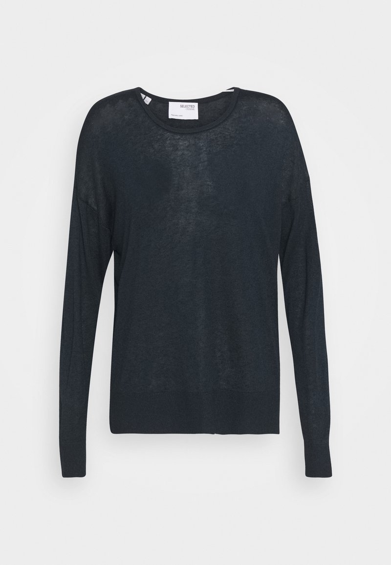 Pull en maille légère noire à manches longues avec encolure ronde et poignets et ourlet côtelés, présenté sur un fond uni clair.