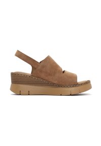 Brown suede wedge sandals with an open-toe design, adjustable slingback strap, and textured rubber sole featuring horizontal lines.