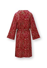 Rode floral-gepatroneerde rok met lange mouwen, een riem en een zachte textuur. Van achteren weergegeven, waardoor het vloeiende ontwerp wordt benadrukt.