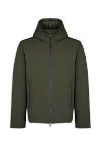 Donkergroen gewatteerde jas met een rits aan de voorkant, twee zijzakken met rits en verstelbare trekkoorden op de capuchon.