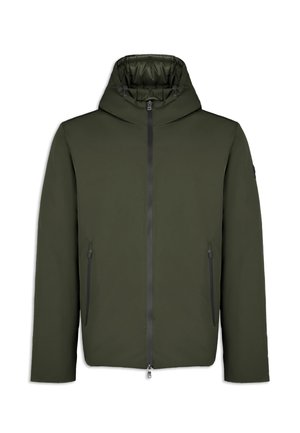 Donkergroen gewatteerde jas met een rits aan de voorkant, twee zijzakken met rits en verstelbare trekkoorden op de capuchon.