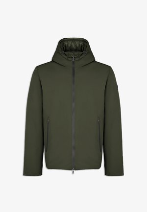 Veste à capuche vert foncé avec fermeture éclair à l'avant, deux poches latérales zippées et cordons de serrage réglables sur la capuche.