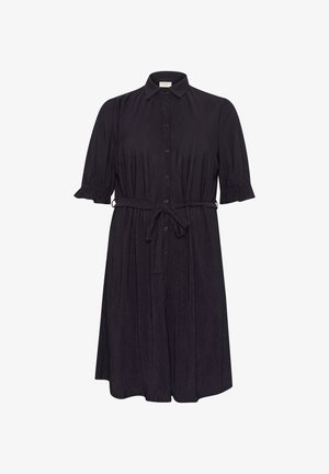 Melna, īsām piedurknēm krekla kleita no teksturēta auduma ar pogu aizdari un saites vidukļa detalizāciju. Rips ir virs ceļgaliem.