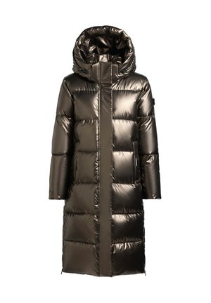 Lange, gewatteerde jas in metallic donkerbruin. Voorzien van een hoge kraag, capuchon, ritssluiting en zijzakken. Glanzende, doorgestikte textuur met een gestroomlijnd ontwerp.