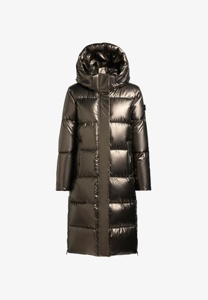 Long, padded coat in metallic dark brown. Features a high collar, hood, zip closure, and side pockets. Glossy, quilted texture with a streamlined design.