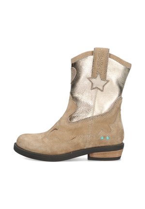 Tan suède enkellaars met metallic gouden accenten, sterdetail, turquoise studs en een lage hak; heeft een gebogen ontwerp en stiksel.