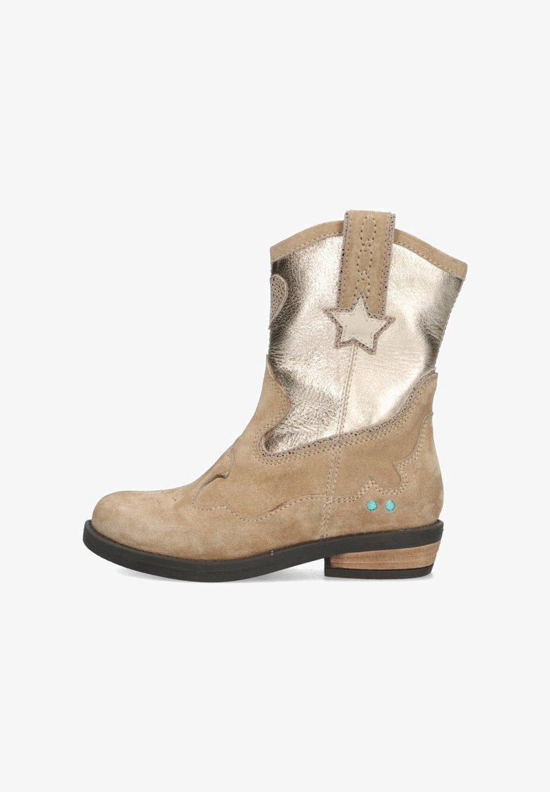 Tan suede ankle boot with metallic gold accents, star detail, turquoise studs, and a low heel; features a curved design and stitching.