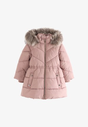 Abrigo de invierno acolchado en rosa con cremallera frontal, dos bolsillos con botones a presión y capucha con borde de piel sintética, diseñado para clima frío.