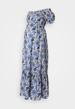 Off-shoulder maxikjole i let stof, med et blomsterprint i blå og hvid, med en rynket bodice og flæsekant.
