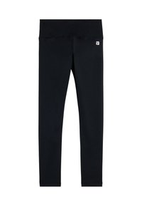 Leggings nere realizzati in tessuto elasticizzato, con una larga fascia in vita e un piccolo logo frontale. Texture liscia, sagoma aderente.