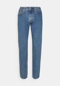 Blå denimjeans med rak passform, utrustade med knappstängning fram, bälteshällor och klassisk femficksdesign. Slät textur.