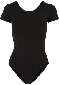 Čierny krátky rukáv bodysuit s okrúhlym výstrihom, vyrobený z mäkkého materiálu, ktorý má priliehavý strih a vysoké výrezy na nohách.