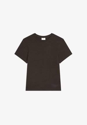 Brown short-sleeve T-shirt made of cotton; features a classic crew neck and a subtle printed detail on the lower left side.