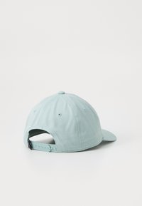 Casquette bleu clair avec une visière incurvée et une fermeture réglable par pression. Fabriquée en tissu, elle comporte des trous de ventilation et un bouton supérieur.