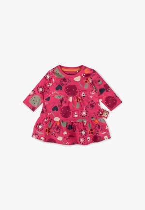 Rosa Langarmkleid mit gerafftem Rock, das mit bunten Tier- und Blumenmotiven verziert ist. Hergestellt aus weichem, atmungsaktivem Stoff.