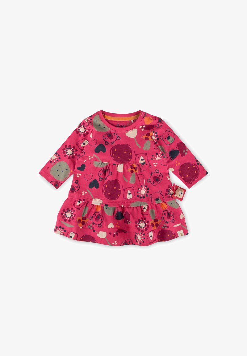 Rosa Langarmkleid mit gerafftem Rock, das mit bunten Tier- und Blumenmotiven verziert ist. Hergestellt aus weichem, atmungsaktivem Stoff.