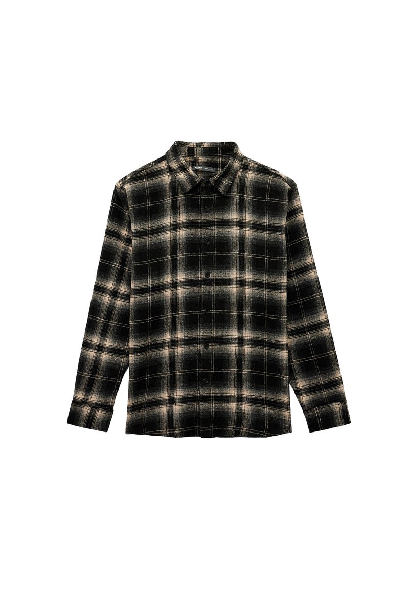 Schwarz-beige karierte Kurzarmhemd mit langen Ärmeln, Kragen, Knopfverschluss und weicher Textur. Verfügt über ein kariertes Muster.