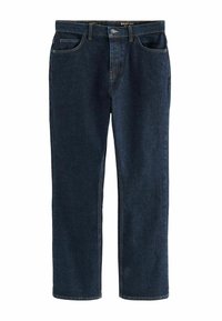 Jeans din denim de culoare albastru închis, cu un design tip boot fit, având cinci buzunare, cusături aurii și o tăietură dreaptă a piciorului. Textură netedă.