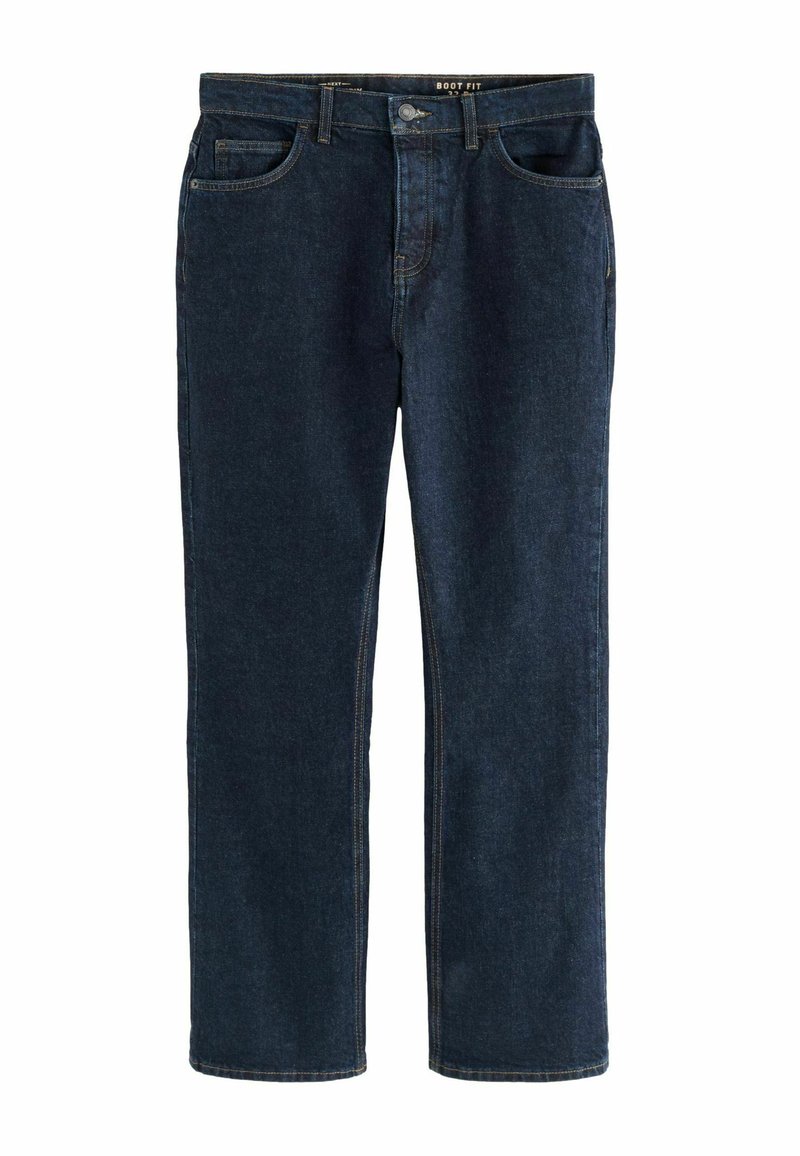 Jeans din denim de culoare albastru închis, cu un design tip boot fit, având cinci buzunare, cusături aurii și o tăietură dreaptă a piciorului. Textură netedă.