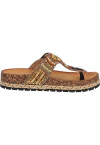 Pärlade korkplattformsandaler med en tan-baserad sula, dekorativa flerfärgade pärlor, flätad kant och en svart rem för säker passform.