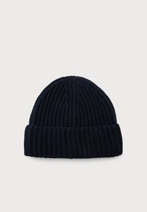 Dark navy blue ribbed knit beanie with a folded cuff, displayed on a plain white background.
