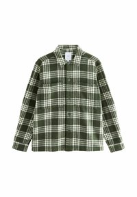 Green plaid jacket made of soft fabric, featuring a collared neck, front button closure, and two chest pockets with white check patterns.