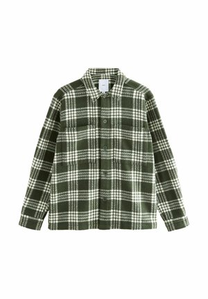 Grüner karierter Blazer aus weichem Stoff, mit Kragen, Knopfverschluss vorne und zwei Brusttaschen mit weißen Karomustern.