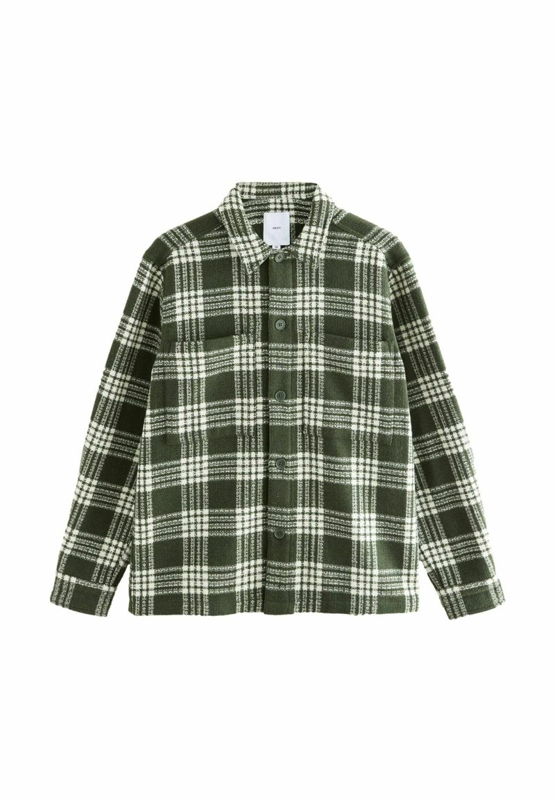 Green plaid jacket made of soft fabric, featuring a collared neck, front button closure, and two chest pockets with white check patterns.